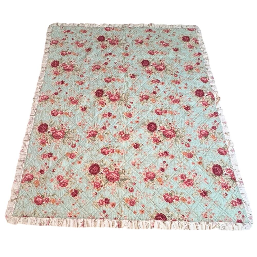 Antique Traditional Floral Romantic Red Rose Quilt Cotton Twin Bedspread Blanket